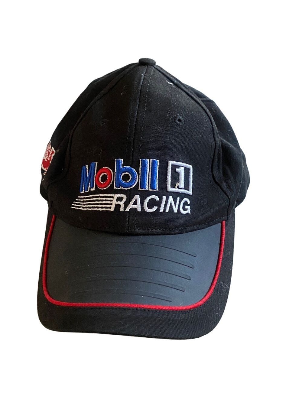 Vintage Mobil 1 Racing Black Cap – NASCAR Rubber Brim – Red & Blue Accents
